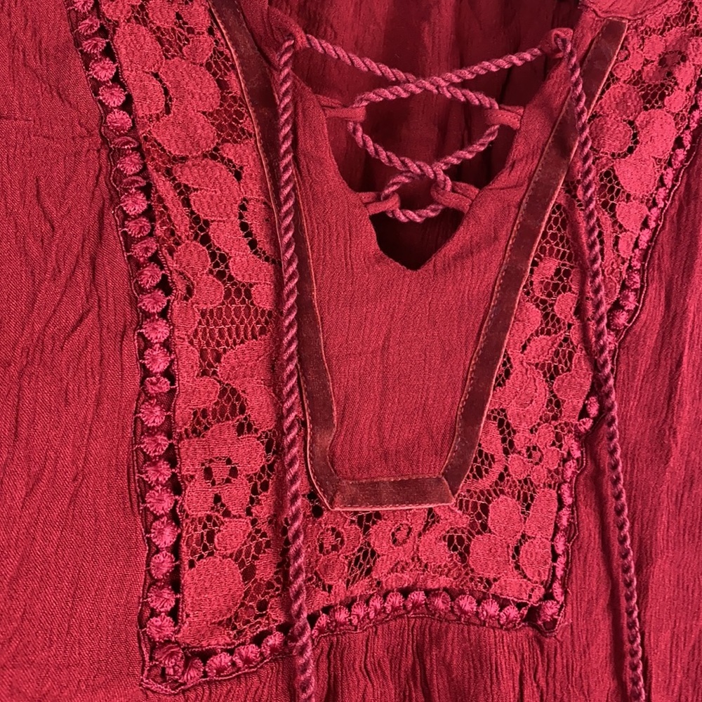Artesia Boho Chic Peasant Blouse Red Lace trim lace up long sleeve shirt Medium - Picture 6 of 13